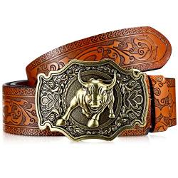 Photect Leder Blumenprägung Western Cowboy Schnalle Gürtel mit Longhorn Gürtelschnalle für Herren, 1,5 Zoll Breit (Kamel, 45 Zoll) von Photect