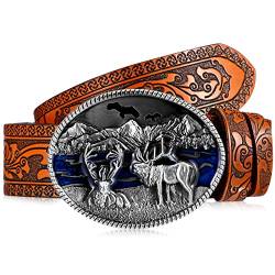 Photect Western Leder Schnalle Gürtel Cowboy Hirsch Schnalle Gürtel Tierwelt Elch Schnalle Gürtel Blumen Gravur Cowboy Gürtel für Männer (Braun) von Photect