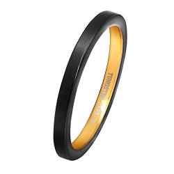 Phyonio 2mm Wolfram Ringe Schwarz+Gold Damen Matt Schmale Ringe Freundschaftsring Paarring Ehering Größe 57(18,1) von Phyonio