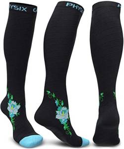 Physix Gear Sport Kompressionsstrümpfe Damen & Herren Stützstrümpfe (20-30mmHg) für Wassereinlagerungen, Flugreisen & Sport Kompressionssocken Langlebige Laufsocken Compression Socks BLAU BLUME L/XL von Physix Gear Sport