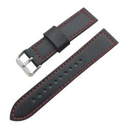 PiWine Uhrenarmbänder, Uhrenarmband, 18 mm–24 mm, Sport-Vintage-Armband aus echtem Leder mit silbriger Edelstahl-Dornschließe, Uhrenarmband-Zubehör (Color : Black And Red, Size : 22mm) von PiWine