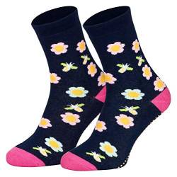 2 Paar Kinder Stoppersocken ABS Socken Anti Rutschsocken Noppen Baumwolle Jungen Mädchen Blau Blumen 31 32 33 34 von Piarini