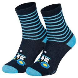 2 Paar Kinder Stoppersocken ABS Socken Anti Rutschsocken Noppen Baumwolle Jungen Mädchen Blau Traktor 23 24 25 26 von Piarini