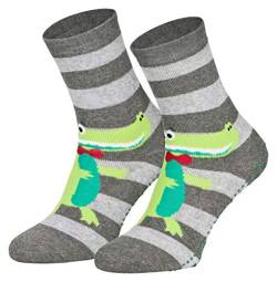 2 Paar Kinder Stoppersocken ABS Socken Anti Rutschsocken Noppen Baumwolle Jungen Mädchen Grau Krokodil 23 24 25 26 von Piarini