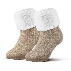 Piarini 1 Paar Kuschelsocken mit ABS Sohle - warme Damen Socken - Wintersocken mit Anti Rutsch Noppen - dicke Haussocken beige creme von Piarini