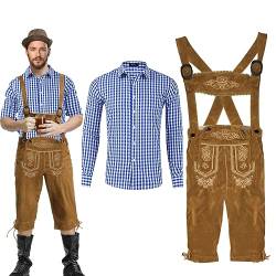 Oktoberfest Herren Outfit, Lederhose Herren Tracht Bayern Oktoberfest Kostüm Set, mit Tracht Kniebund und Oktoberfest Hemd Herren Trachtenhemd Trachtenlederhose mit Trägern für Cosplay Party Karneval von Piashow