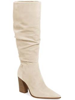 PiePieBuy Kniehohe Damen-Stiefel aus Wildlederimitat, breite Wade, spitze Zehenpartie, hoher klobiger Absatz, seitlicher Reißverschluss, beige, 40 EU von PiePieBuy