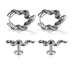 PiercingJak 4er Vintage Schlange Ohrringe Männer Frauen Creolen Huggies Hoop Ring Labret Helix Stecker Silber Edelstahl Ohrstecker Set Gothic Punk Schmuck für Damen Herren Accessoire von PiercingJak