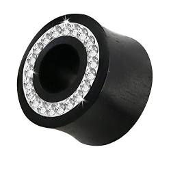 Piercingfaktor® Holz Ohr Flesh Tunnel Ear Plug Piercing mit integrierten Kristallen am Rand in Schwarz 10mm von Piercingfaktor