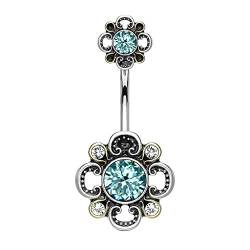 Piercingfaktor Bauchnabelpiercing Chirurgenstahl Bauch Bauchnabel Piercing Banane Stecker Anhänger mit Kristall Blumen Vintage Lang Silber Aqua von Piercingfaktor