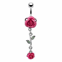 Piercingfaktor Bauchnabelpiercing Chirurgenstahl Bauch Bauchnabel Piercing Banane Stecker Anhänger mit Rosen Blüten Pink von Piercingfaktor