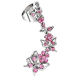 Piercingfaktor Damen Ohrstecker Ohrklemme Ear Cuff Schmetterling mit Strass Kristall Lang Ohrringe linkes Ohr Silber Pink von Piercingfaktor