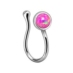 Piercingfaktor Fake Ring Non Piercing Nasenpiercing Nasenring Hoop Clip On Septum Nasenstecker Nase Messing mit Opal Stein Silber Pink von Piercingfaktor