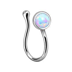 Piercingfaktor Fake Ring Non Piercing Nasenpiercing Nasenring Hoop Clip On Septum Nasenstecker Nase Messing mit Opal Stein Silber Weiß von Piercingfaktor