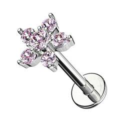 Piercingfaktor Piercing Stab mit Kristall Blume Lippe Ohr Labret Tragus Helix Knorpel Stecker Lippenpiercing Ohrpiercing 6mm Silber Rosa von Piercingfaktor