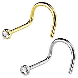 Piersando Piercing Echt 585 Gold 14 Karat Stab Stecker gebogen mit Zirkonia Steinchen für Nase Nasenpiercing Nasenstecker Nasenflügel Weißgold von Piersando