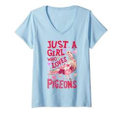 Damen Pigeon Just A Girl Who Loves Pigeons Flowers Bird Floral T-Shirt mit V-Ausschnitt von Pigeon Lovers Co