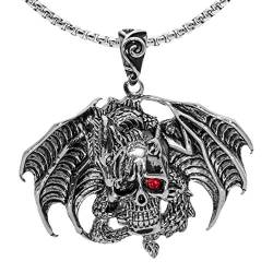 Drachen Halskette für Männer, Gothic Flying Dragon Wings Schädel Halskette, Red Eye Schädel Anhänger Halskette mit 23,6 "Kette, Kristall Schädel Kopf Halskette, Punk Hip Hop Halskette Schmuck von PikaLF