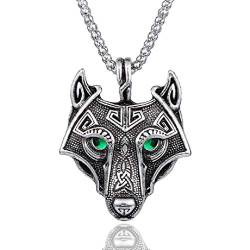 Nordische Wikinger Wolf Halskette für Männer, Green Eye Wolf Kopf Anhänger Halskette mit 23,6 "Kette, Retro Wolf Totem Halskette, Vintage Wolf Siegel Amulett Halskette- Punk Tier Wolf Schmuck von PikaLF