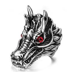 PikaLF Drachenring für Männer, nordischer Wikinger-Drachenkopfring, gotischer Drachenring mit roten Augen, Vintage-Drachen-Totem-Amulett-Ring, Punk-Tier-Drachenschmuck für Männer Jungen (18.1) von PikaLF