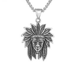 PikaLF Indianerhäuptling Halskette für Männer, Hip-Hop-Häuptling-Kopf-Halskette, Halskette mit Indianerkopf-Anhänger und 23,6-Zoll-Kette, Edelstahl-Punk-Rock-Häuptling-Anhänger von PikaLF