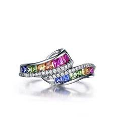 PikaLF Regenbogenring für Frauen, bunter Ring, Regenbogen Baguette Band Ring, Regenbogen CZ Ehering für Frauen Lady Party Ringe, Verlobungsschmuck Geschenk für Frauen Mädchen (16.5) von PikaLF