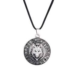 Wolf Halskette für Männer, nordische Wikinger Wolf Kopf Anhänger Halskette mit 23,6 "Kette, Wikinger Runen Münze Wolf Amulett Halskette, Retro Wolf Totem Halskette, Punk Tier Wolf Schmuck (Silber) von PikaLF