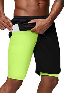 Pinkbomb Herren 2-in-1 Laufshorts Gym Workout Quick Dry Herren Shorts mit Handytasche, Schwarz/Grün, Groß von Pinkbomb