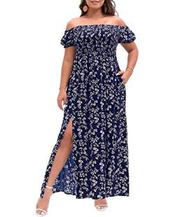 Damen Boho Kleid Übergröße Blumendruck Schulterfrei gerafft Split Sommer Maxi Langes Kleid, Floral Navy, 52 Mehr von Pinup Fashion