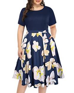 Damen Plus Size Blumenkleider Rundhals Sommer Casual Party Swing Kleid mit Taschen, Floral Navy 1, 44 Mehr von Pinup Fashion