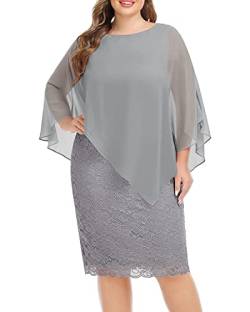 Damen Plus Size Cape Kleid mit Chiffon Overlay Bodycon Spitze Knielang Cocktailkleider, GRAU, 50 Mehr von Pinup Fashion