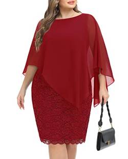 Damen Plus Size Cape Kleid mit Chiffon Overlay Bodycon Spitze Knielang Cocktailkleider, rot, 52 Mehr von Pinup Fashion