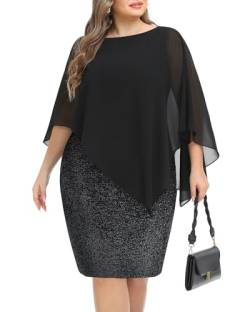 Damen Übergröße Cape Kleid mit Chiffon Overlay Bodycon Spitze Knielang Cocktailkleider, Schwarze Pailletten, 50 Mehr von Pinup Fashion