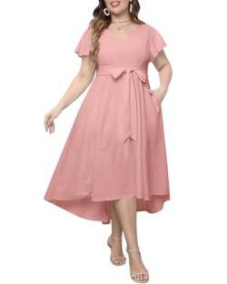 Damen Übergröße High Low Flatterärmel Hochzeit Gast Semi Formal Maxi Langes Kleid mit Taschen, Blush Pink, 46 Mehr von Pinup Fashion