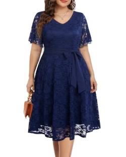 Frauen Plus Size Spitze Brautdusche Hochzeit Gast Cocktail Semi Formale V-Ausschnitt Kurzarm Midi Kleider, Marineblau (lange Länge), 50 Mehr von Pinup Fashion