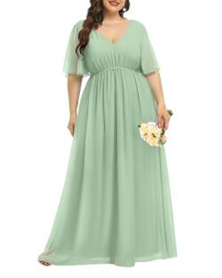 Pinup Fashion Damen Plus Size Chiffon Doppelter V-Ausschnitt Empire Taille Ballkleider für Abend Party Formal Maxikleid, Salbeigrün, 48 Mehr von Pinup Fashion