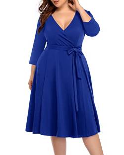 Pinup Fashion Damen Plus Size Faux Wrap V Ausschnitt 3/4 Ärmel Fit and Flare Hochzeit Gast Casual Party Midi Kleid, Loyal Blue, 52 Mehr von Pinup Fashion