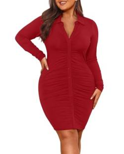 Pinup Fashion Damen Plus Size Sexy Langarm Geraffte Bodycon Knopfleiste vorne Kurzes Shirt Club Party Date Kleid, Rot/Ausflug, einfarbig (Getaway Solids), 48 Mehr von Pinup Fashion