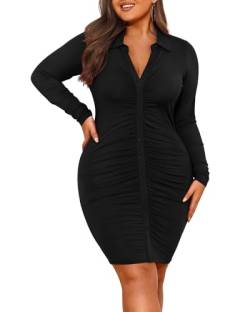 Pinup Fashion Damen Plus Size Sexy Langarm Geraffte Bodycon Knopfleiste vorne Kurzes Shirt Club Party Date Kleid, Schwarz, 52 Mehr von Pinup Fashion