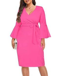 Pinup Fashion Damen Plus Size Wrap V-Ausschnitt Glockenärmel Gürtel Arbeit Hochzeit Gast Bodycon Bleistift Kleid, Pink, 46 Mehr von Pinup Fashion