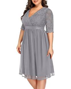 Pinup Fashion Plus Size Spitze Chiffon Wrap V Ausschnitt Kleider Frauen Cocktail Hochzeit Gast Midi Kleid, GRAU, 50 Mehr von Pinup Fashion