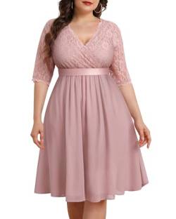 Pinup Fashion Plus Size Spitze Chiffon Wrap V Ausschnitt Kleider Frauen Cocktail Hochzeit Gast Midi Kleid, Pink Dusty, 50 Mehr von Pinup Fashion