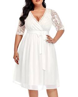 Pinup Fashion Plus Size Spitze Chiffon Wrap V Ausschnitt Kleider Frauen Cocktail Hochzeit Gast Midi Kleid, Weiss/opulenter Garten, 52 Mehr von Pinup Fashion