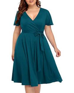 Übergröße, Wickelkleid, V-Ausschnitt, Midi, lässig, Hochzeit, Gäste, kurze Flatterärmel, Sommerkleid, Grüner Pfau, 44 Mehr von Pinup Fashion