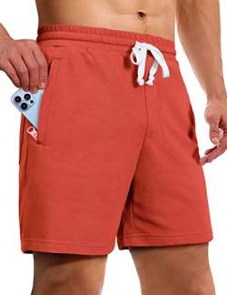 Herren-Shorts mit Reißverschlusstaschen, 14 cm, elastische Taille, lässige Baumwolle, Sweathose für Pyjama, Jogger, Sport, Orange, Groß von Pioneer Camp
