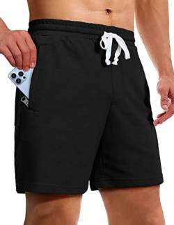 Herren-Shorts mit Reißverschlusstaschen, 14 cm, elastische Taille, lässige Baumwolle, Sweathose für Pyjama, Jogger, Sport, schwarz, Groß von Pioneer Camp