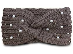 PiriModa Damen Strick Perlen Stirnband Ohrwärmer Winter Kopfband Haarband gehäkelt Khaki von PiriModa