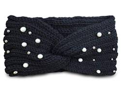 PiriModa Damen Strick Perlen Stirnband Ohrwärmer Winter Kopfband Haarband gehäkelt Schwarz von PiriModa