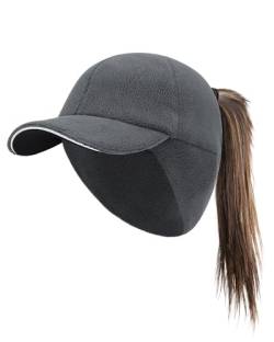 PivotWing WintermüTZE Basecap Damen Ponytail Cap Pferdeschwanz Mütze mit Ohrenklappen Ohrenschutz, Ponytail Hat Kappe Hut Schildkappe Schirmmütze Damen Laufen Cappy Baseball Cap, Dunkelgrau XS/S von PivotWing