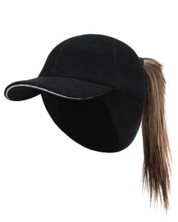 PivotWing WintermüTZE Basecap Damen Ponytail Cap Pferdeschwanz Mütze mit Ohrenklappen Ohrenschutz, Ponytail Hat Kappe Schildkappe Schirmmütze Damen Laufen Cappy Frauen Baseball Cap, Schwarz S/M von PivotWing